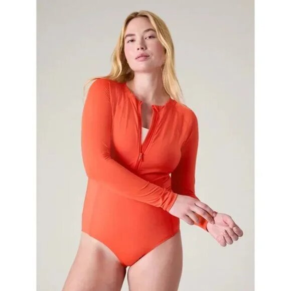 NWT S Sunset Orange Athleta Sun Shield One Piece Rashguard Swimsuit Rash Guard - Picture 4 of 9